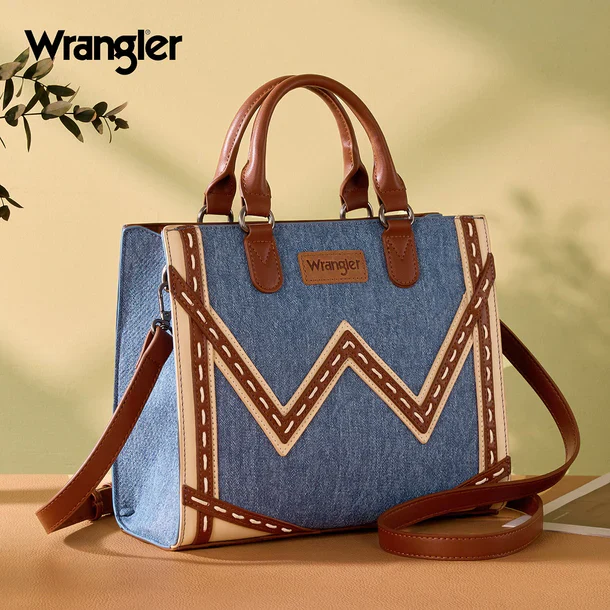 Wrangler Women's Western Contrast Stitch Chevron Denim Tote Bag- Jean